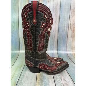 Coral Western Cowboy Boots Red Black Overlay Studs Snip Toe Size 5.5 Tall Shaft